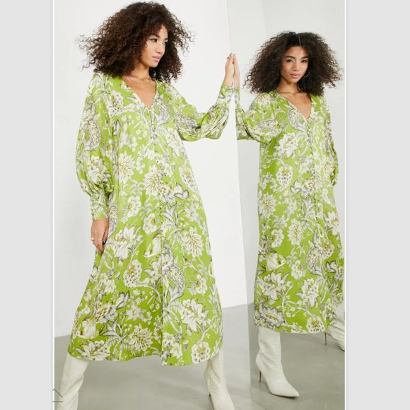 ASOS DESIGN Flora & Fauna Long Sleeve Button-Up Midi Dress US Size 2 - Green NWT - Picture 1 of 7